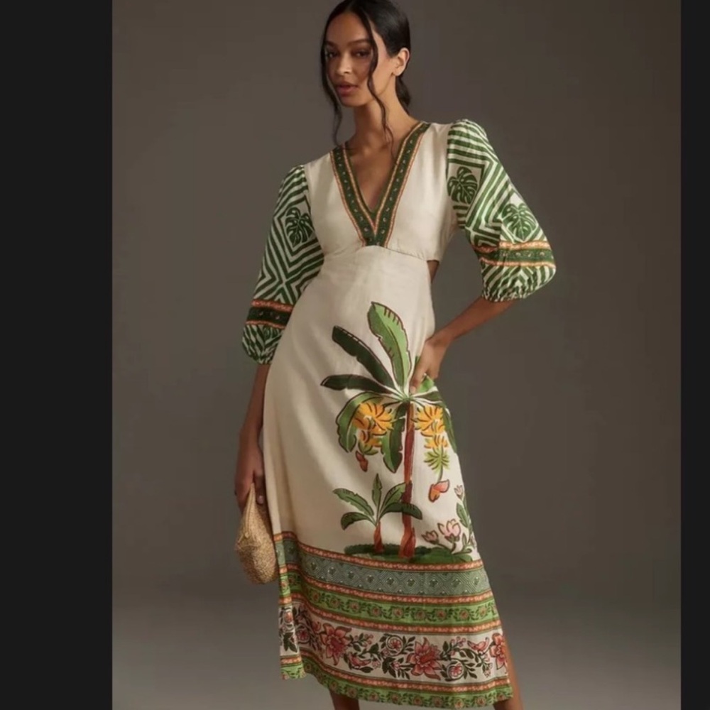 FARM Rio Cream Maxi Dress with Green and Yellow Botanical Print
